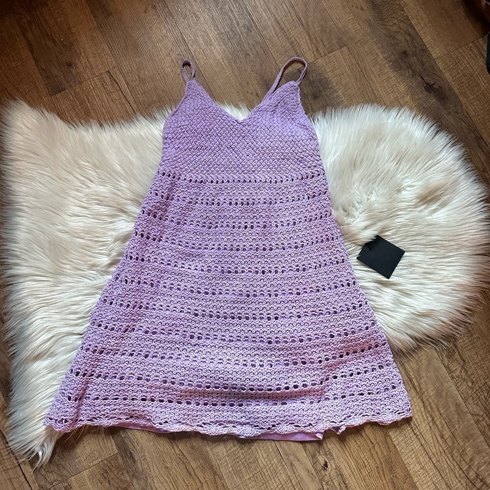 LULU’S Summer Muse Lavender Crochet Lace-Up Mini Dress - Picture 3 of 8